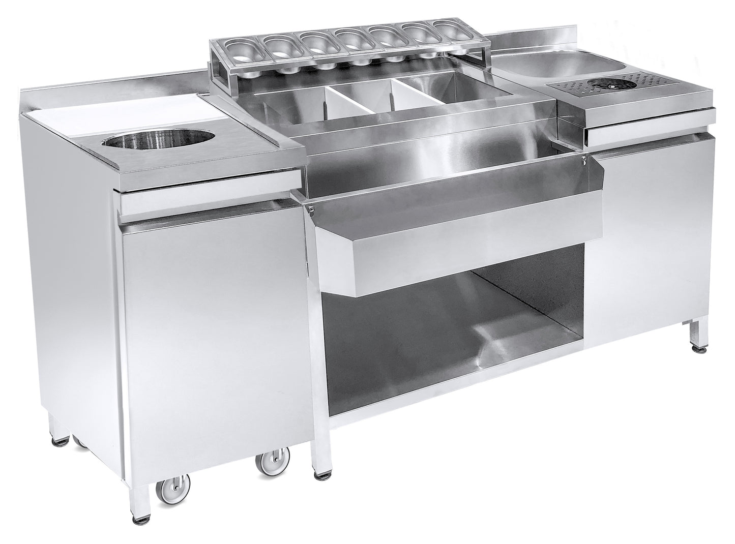 cocktail-bar-station---incl.-sink,-glass-rinser,-gn-containers,-speedrail-for-bottles,-cutting-board-and-waste-bin