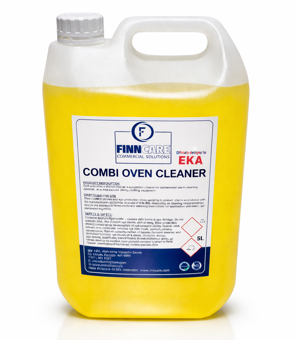 Yellow bottle of Finn Combi Oven Cleaner on a white background