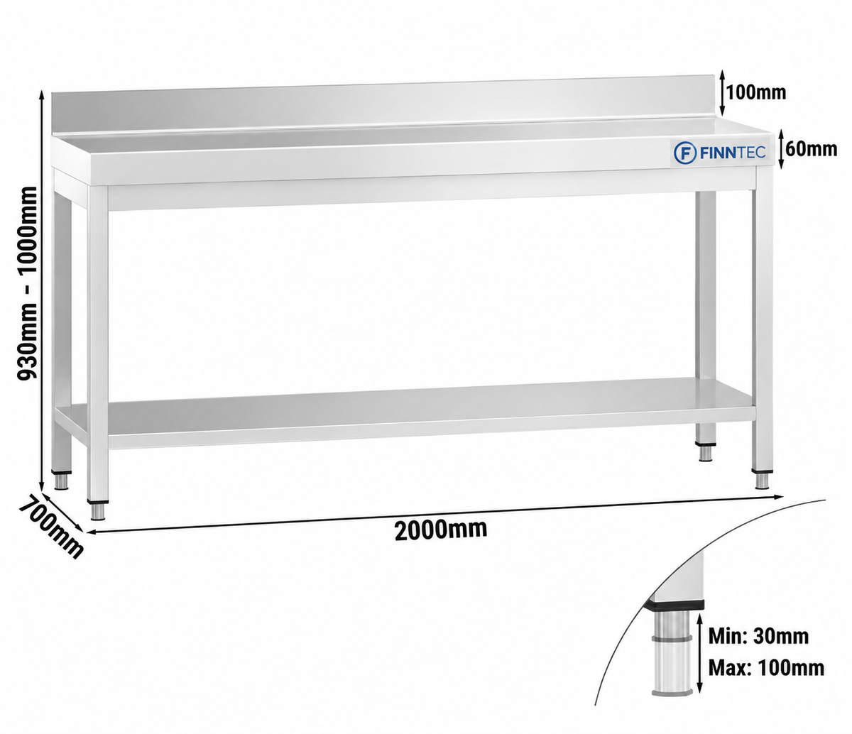 Stainless steel worktable, with upstand, 200 x 70 FT-THATS207A