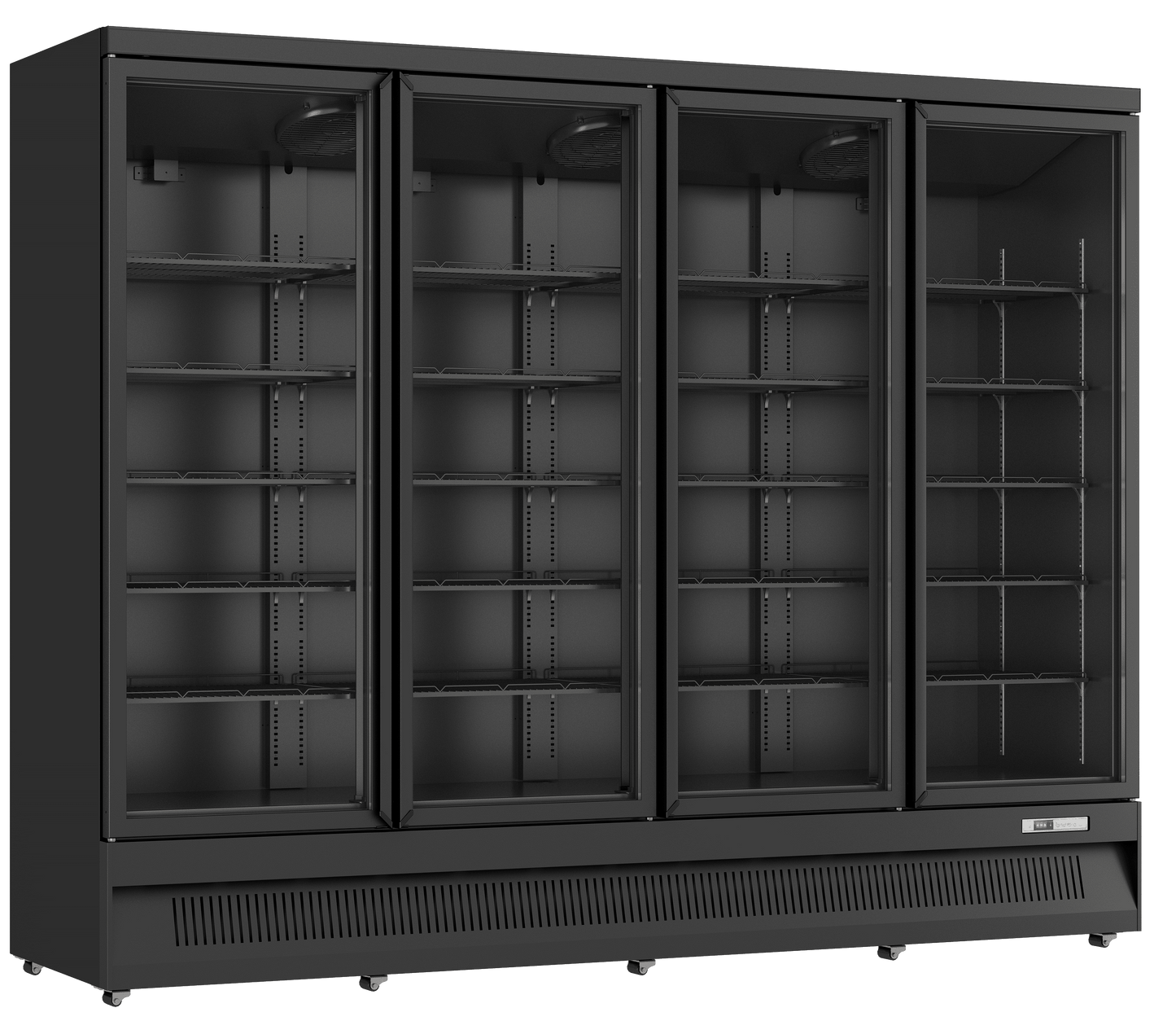 A four-door glass display refrigerator with black metal framing and interior shelving, shown on a plain white background.