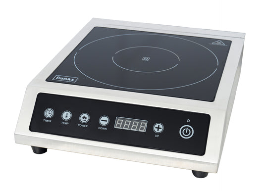 Induction cooktop with digital control panel on a white background