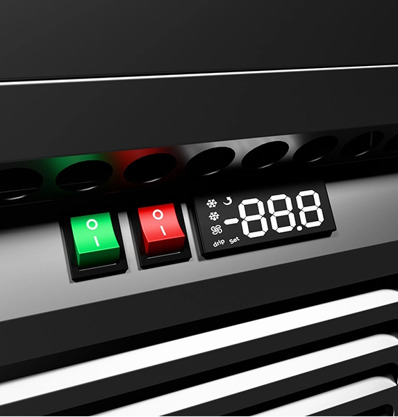 Control panel with digital display and buttons on a black appliance