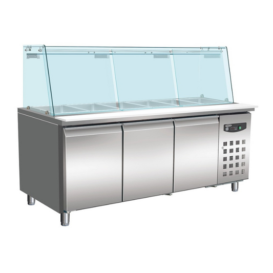 REFRIGERATED COUNTER WITH GLASS COVER 3 DOORS  5X 1/1 GN CONTAINER SKU 7950.0425 All Stop Trading