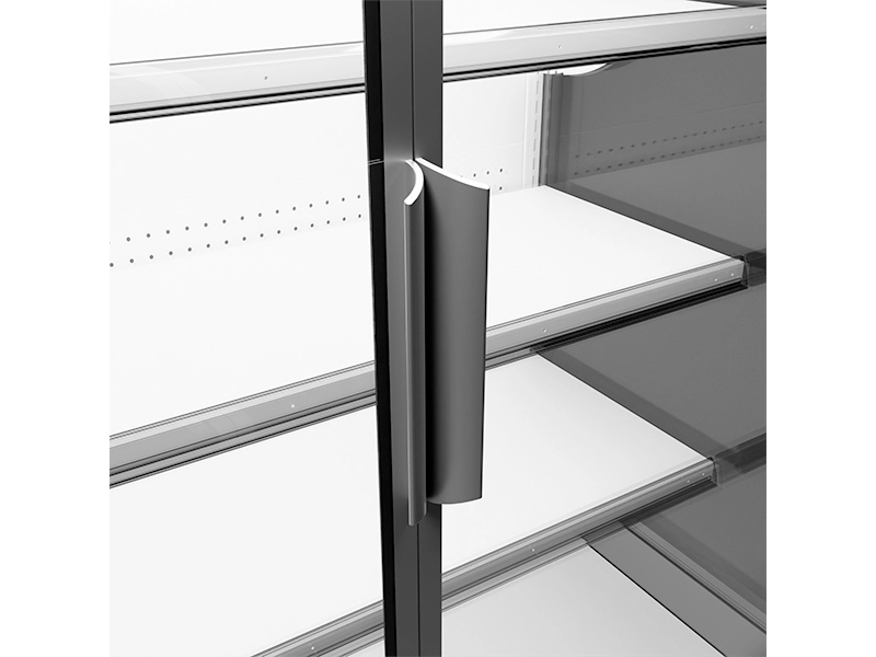 Metal shelving unit with a black bracket on a white background