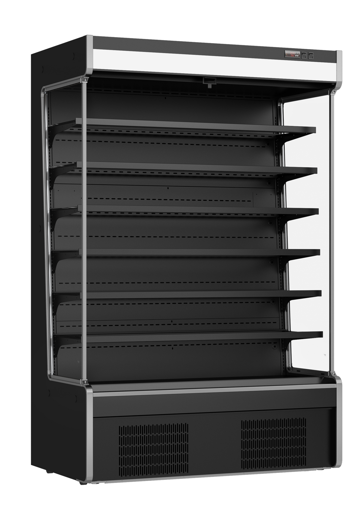 A commercial glass-door display refrigerator with multiple adjustable black shelves, a black body, and silver trim, shown on a plain white background.
