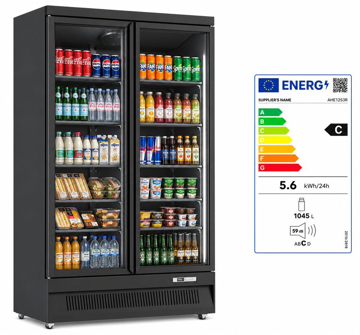Double Glass Door Upright Display Fridge SKU AHE1253R