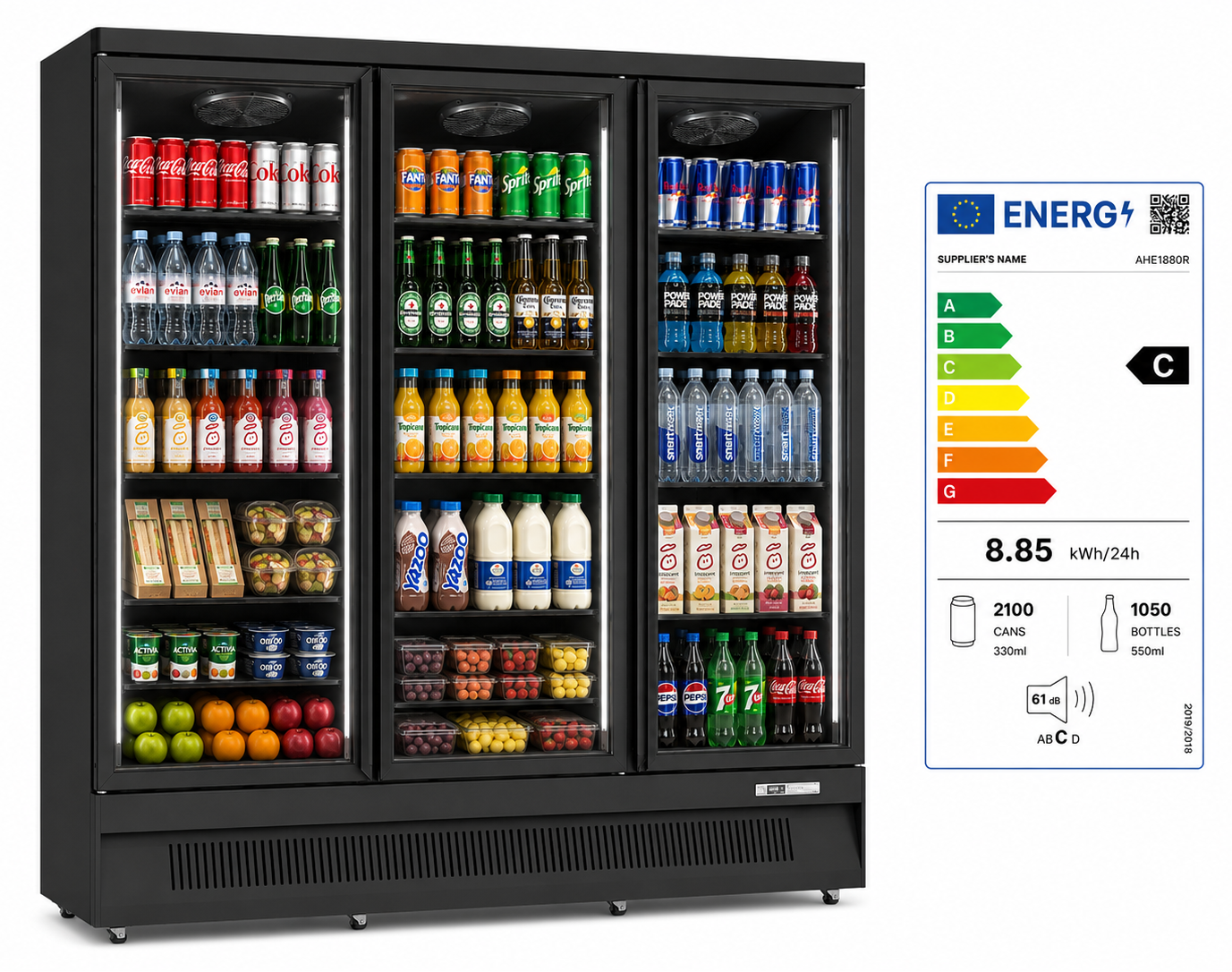 Three Glass Door Upright Display Fridge SKU AHE1880R