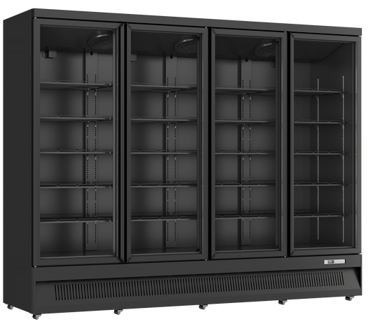 A four-door glass display refrigerator with black metal framing and interior shelving, shown on a plain white background.