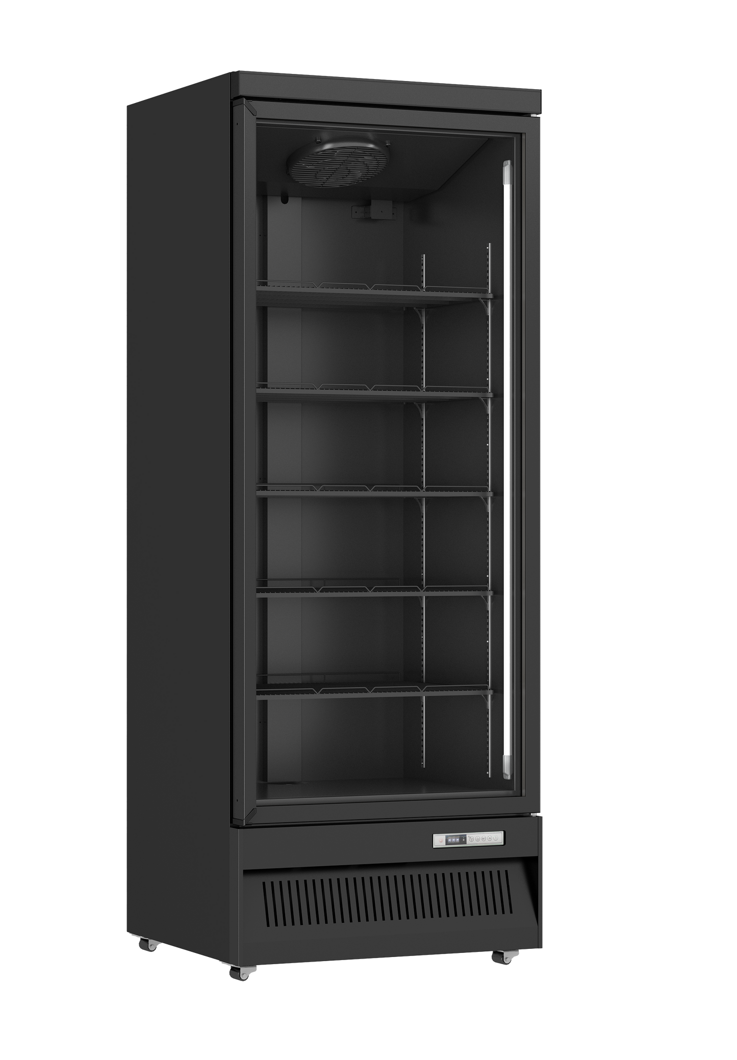 A tall, black commercial glass-door refrigerator with multiple interior shelves, shown on a plain white background.