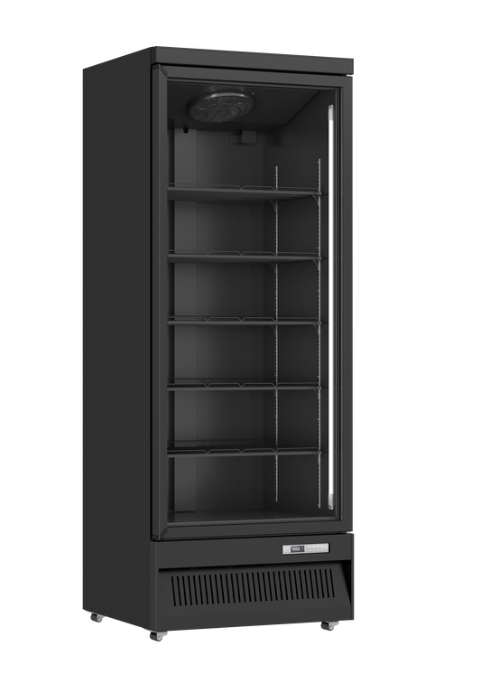 A tall, black commercial glass-door refrigerator with multiple interior shelves, shown on a plain white background.