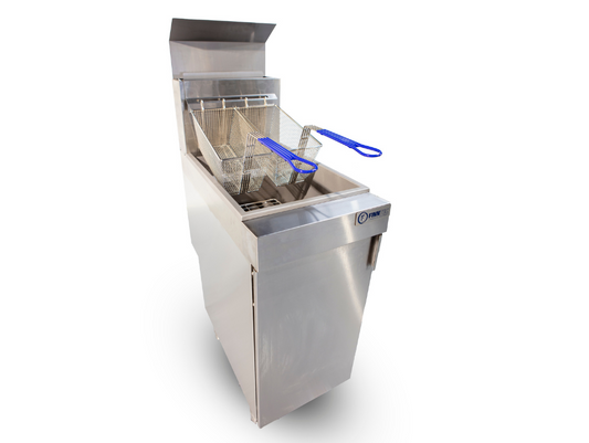 Stainless steel deep fryer with blue tongs on a white background