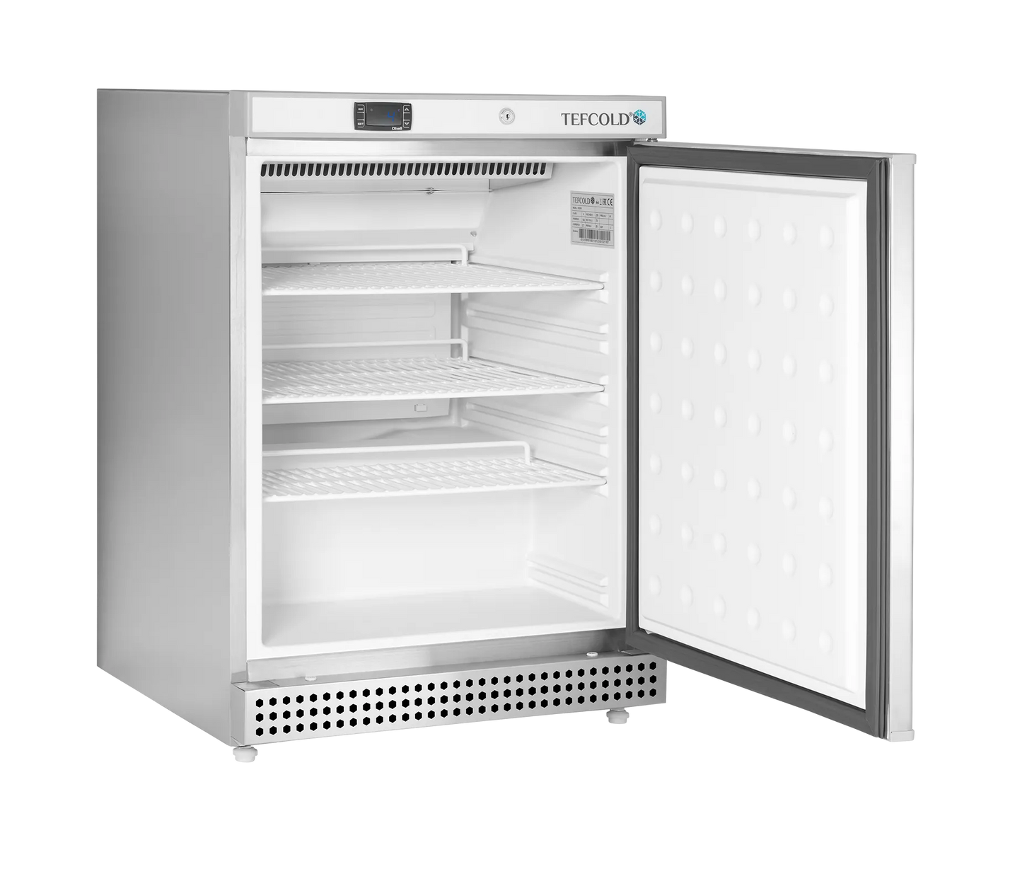 Commercial freezer with open door on a white background