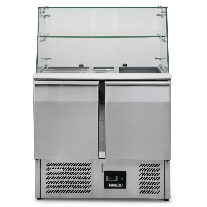 Double Hinged Door Refrigerated Prep Counter With Glass Canopy