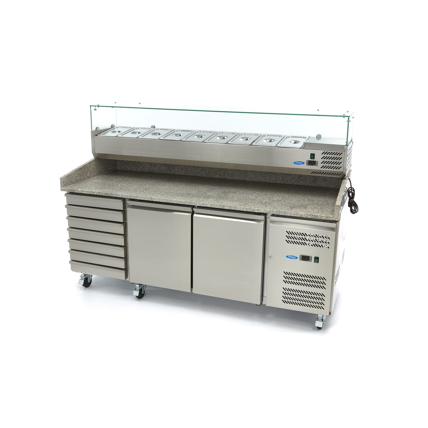 Pizza Prep Fridge - 202cm - 2 Doors - Fits 5 x 1/6 GN - 7 Drawers