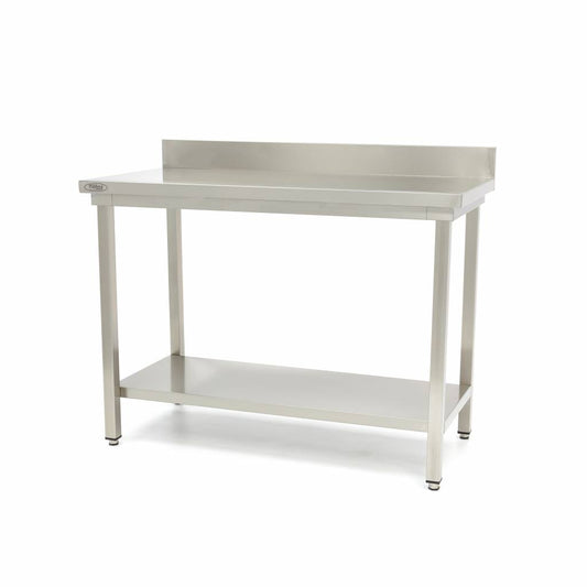 Stainless Steel Table - 200 x 60cm - Adjustable Height - with Backsplash and Storage Shelf