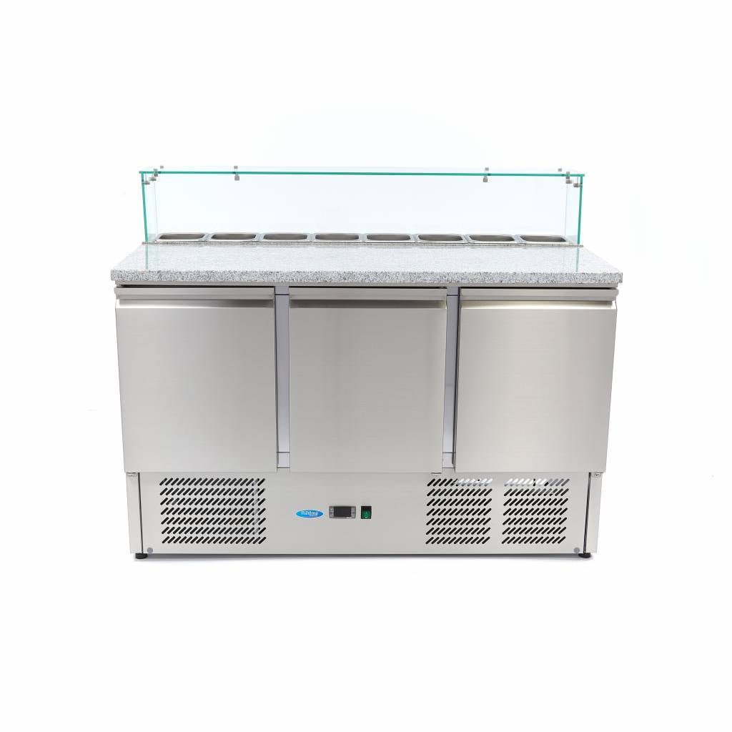 Pizza Prep Fridge - 137cm - 3 Doors - Fits 8 x 1/6 GN - incl Glass Cover