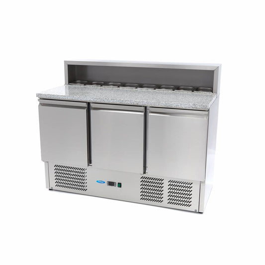 Pizza Prep Fridge - 137cm - 3 Doors - Fits 8 x 1/6 GN - incl Stainless Steel Cover