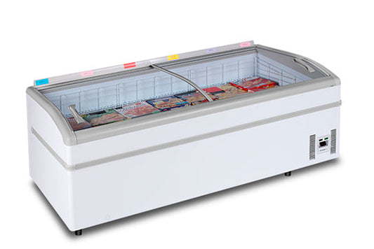 Cold display case with glass door on a white background